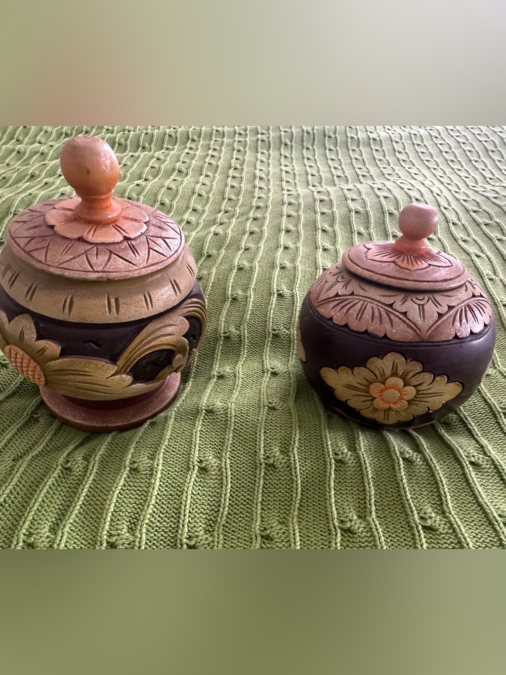 Hand-Carved Wooden Lidded Jars in Brown and Natural Tones